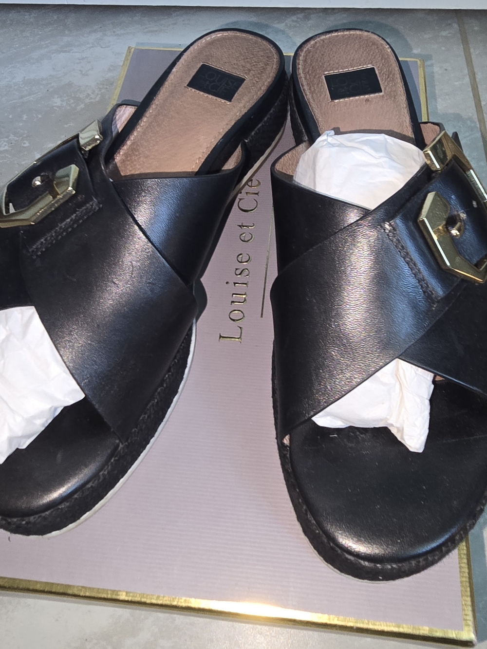 Louise et Cie Black Leather Crossband Slide Mules with Gold Buckle